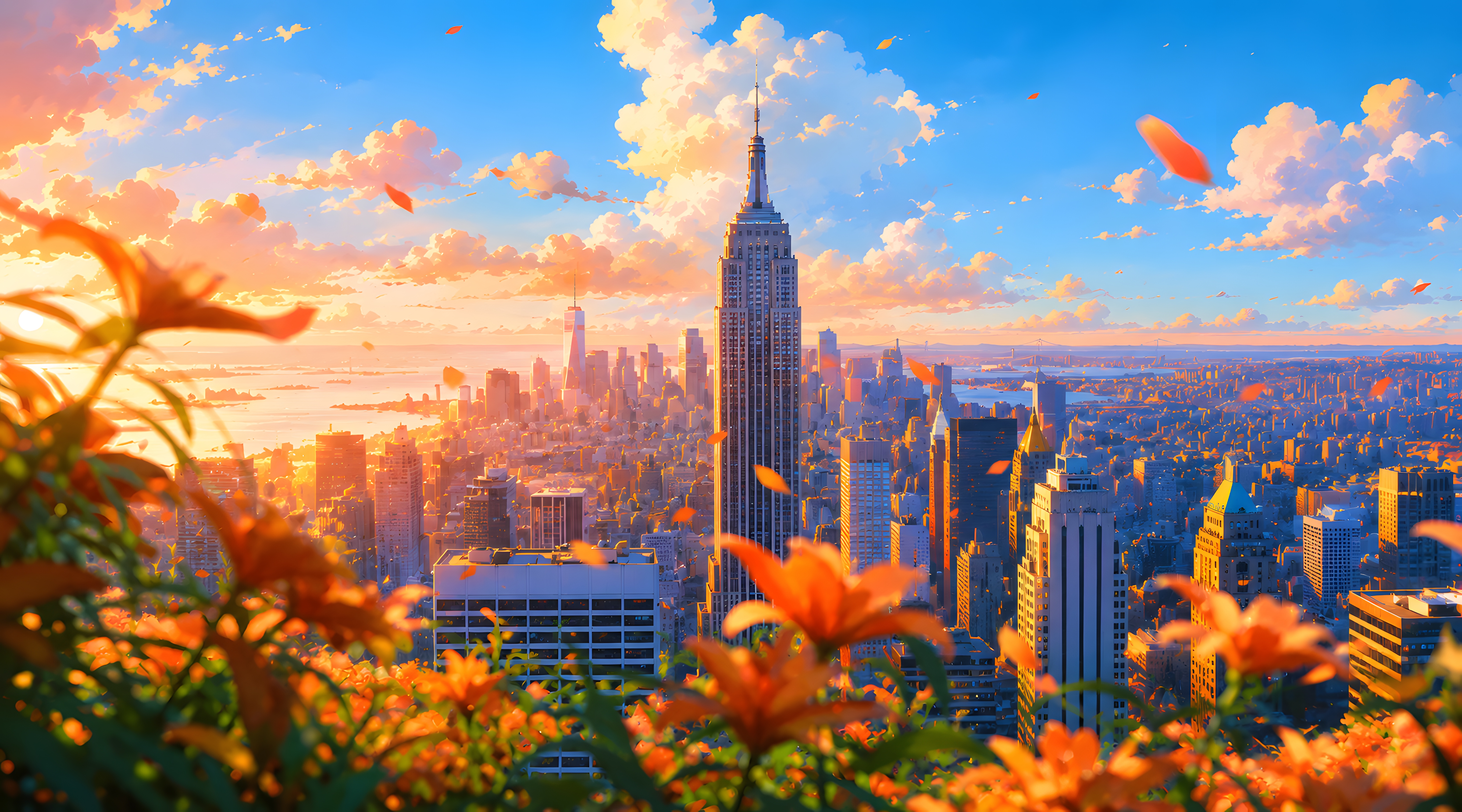 Anime NYC Skyline Sunset Flowers 4K PC Wallpaper | Anime HD Wallpaper
