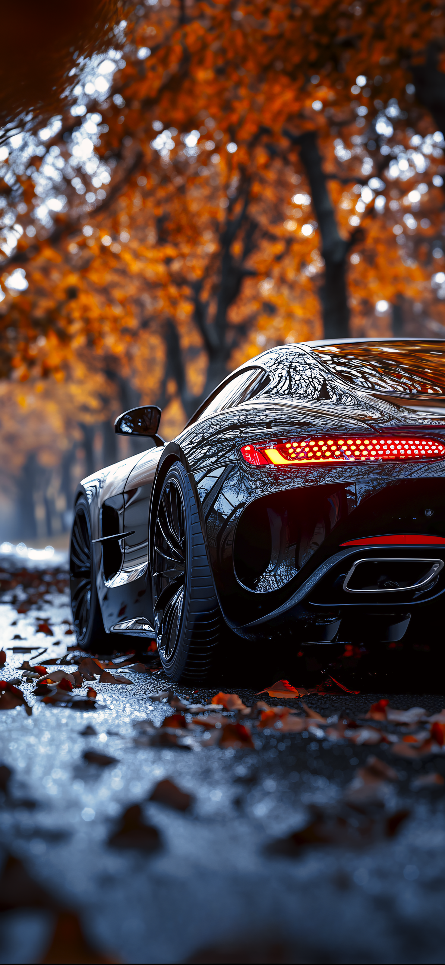 Black Sports Car Autumn Leaves 4K Mobile Wallpaper HD Wallpaper