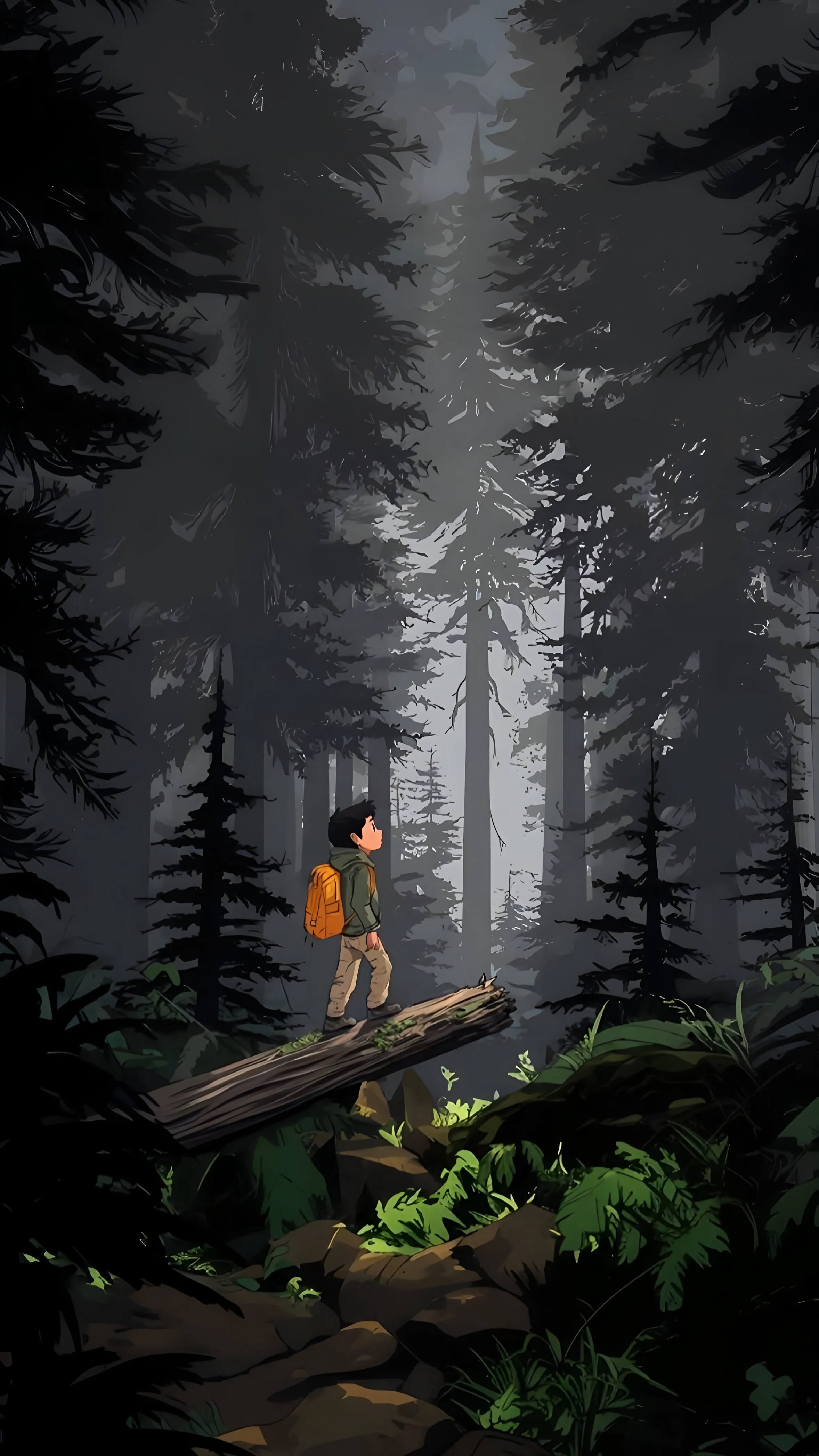 Boy in Misty Pine Forest 4K Mobile Wallpaper HD Wallpaper