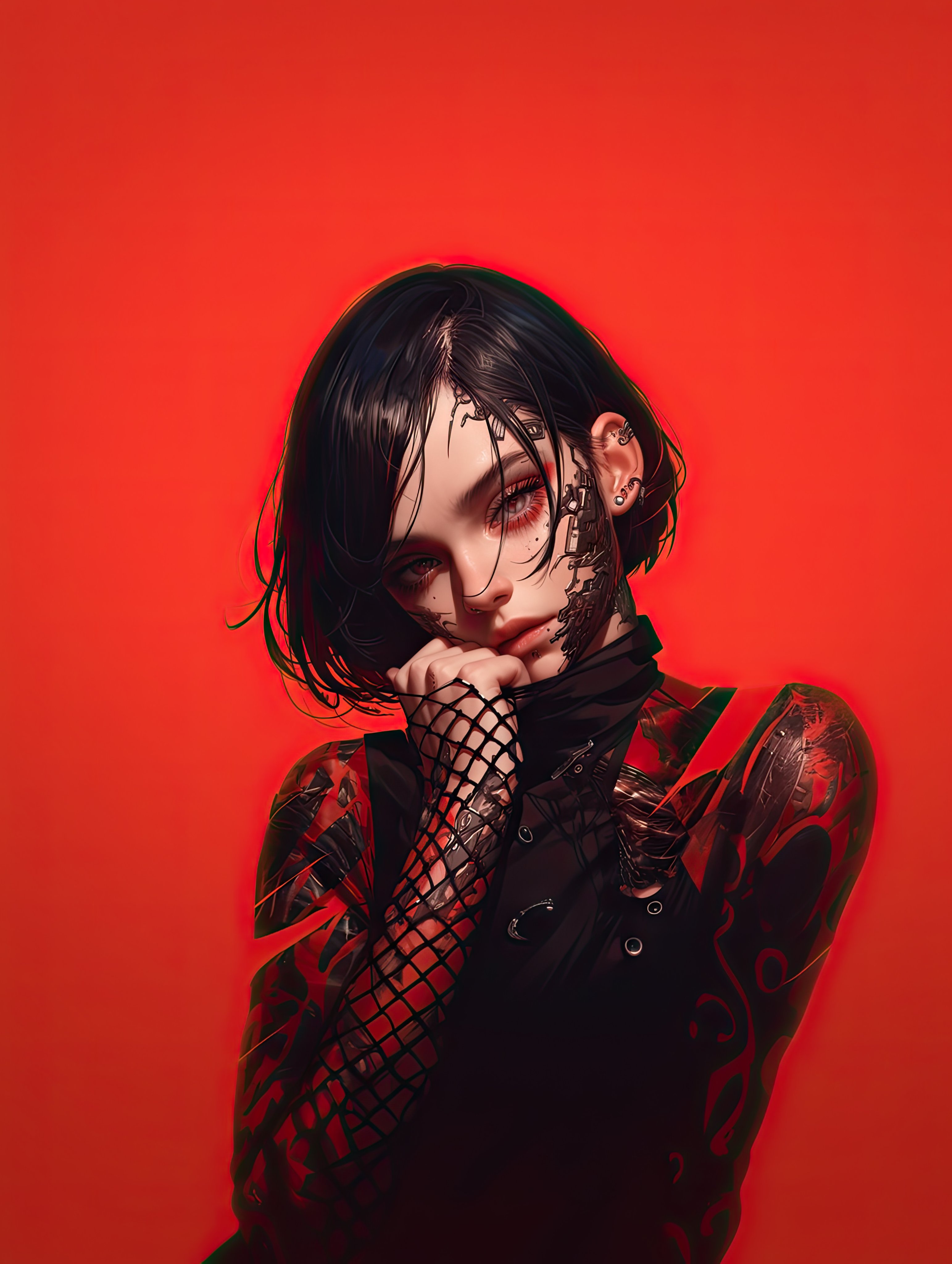 Cyberpunk Goth Girl Red 4K Mobile Wallpaper | Cyberpunk | Depth Effect HD Wallpaper