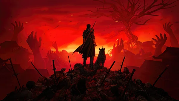 Dark Swordsman Wolf Crimson Apocalypse 4K Desktop Wallpaper | Gaming | Digital Art 5120x2880 Gaming HD Wallpaper
