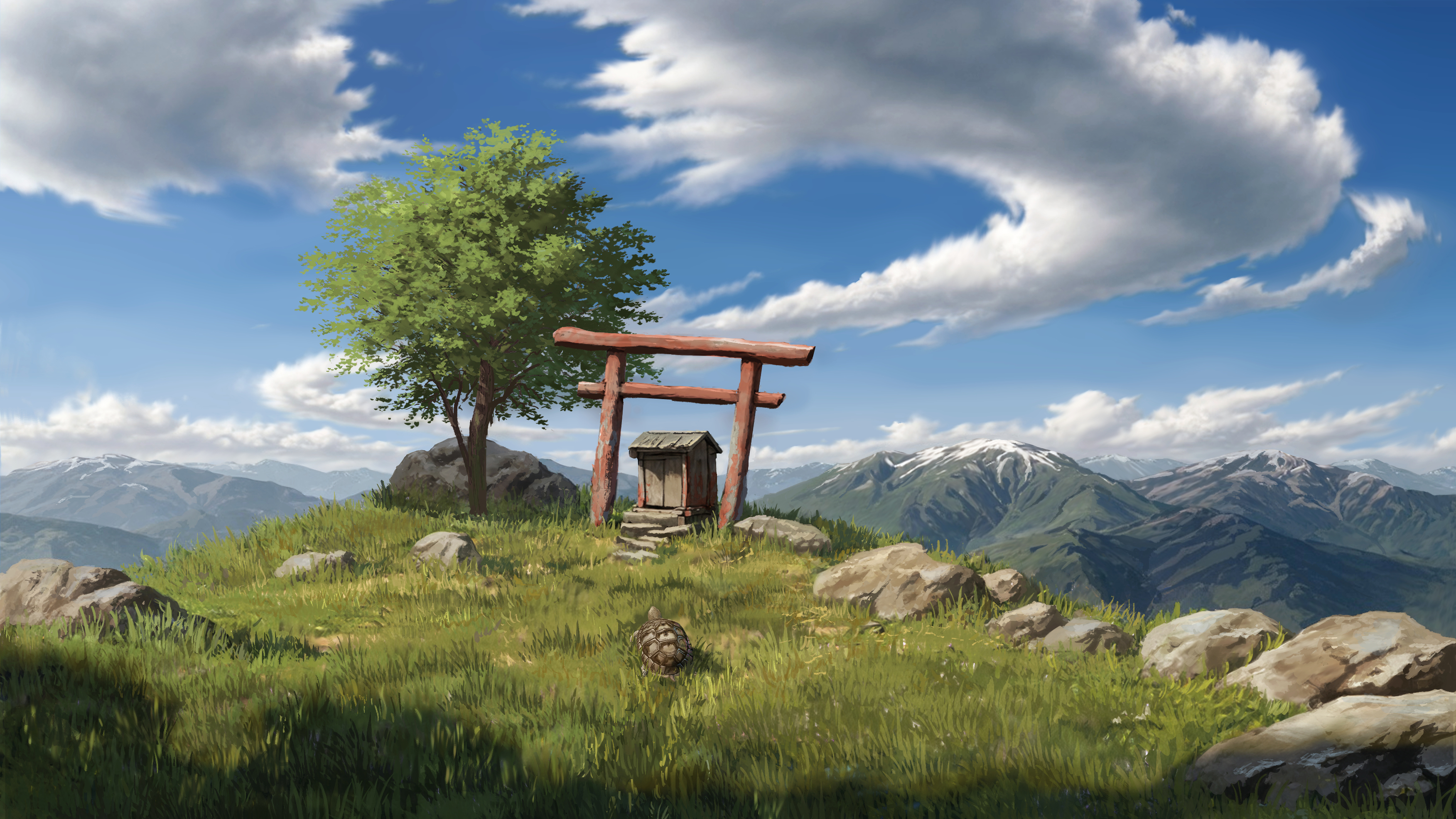 Japanese Mountain Shrine Torii Gate 4K Desktop Wallpaper | Digital Art HD Wallpaper