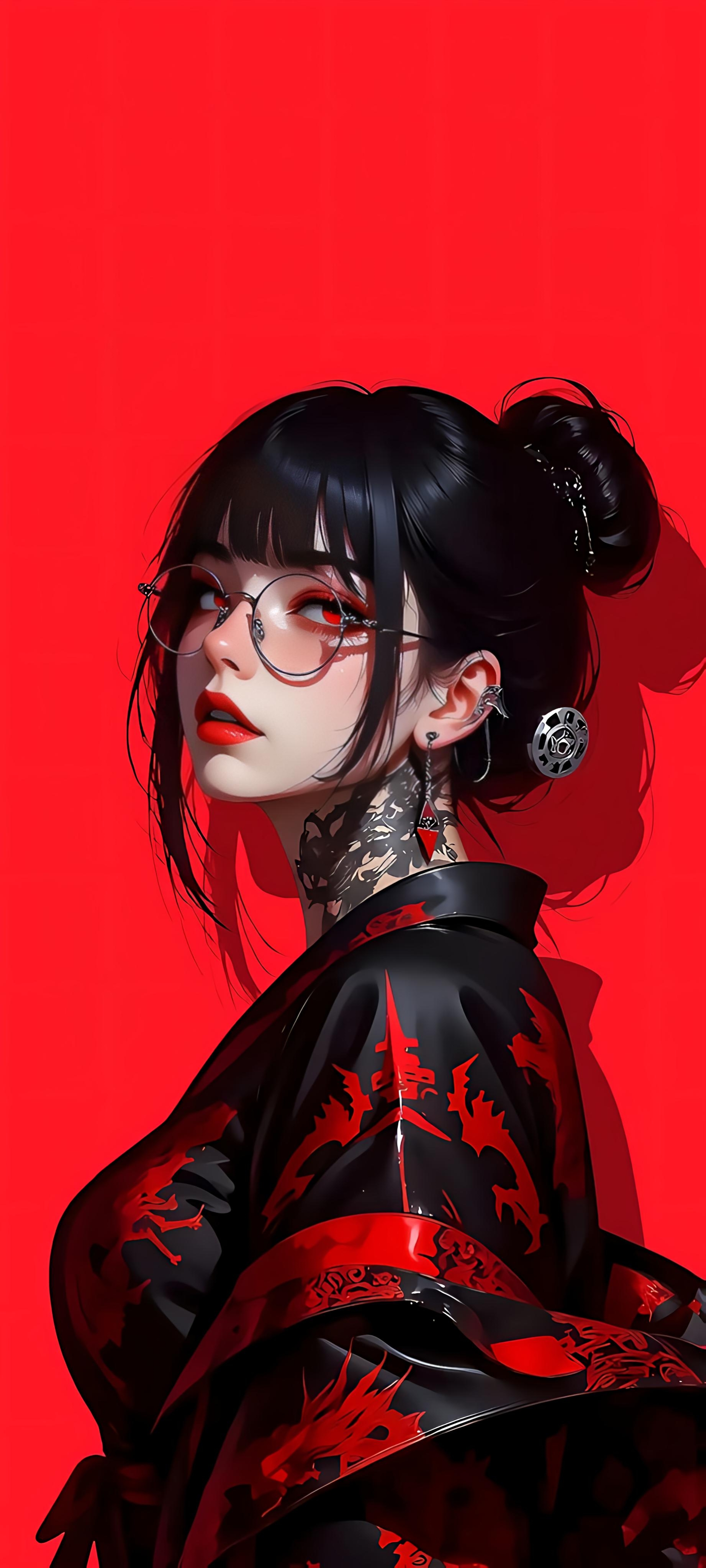Kimono Anime Girl Red 4K Mobile Depth Wallpaper | Digital Art HD Wallpaper