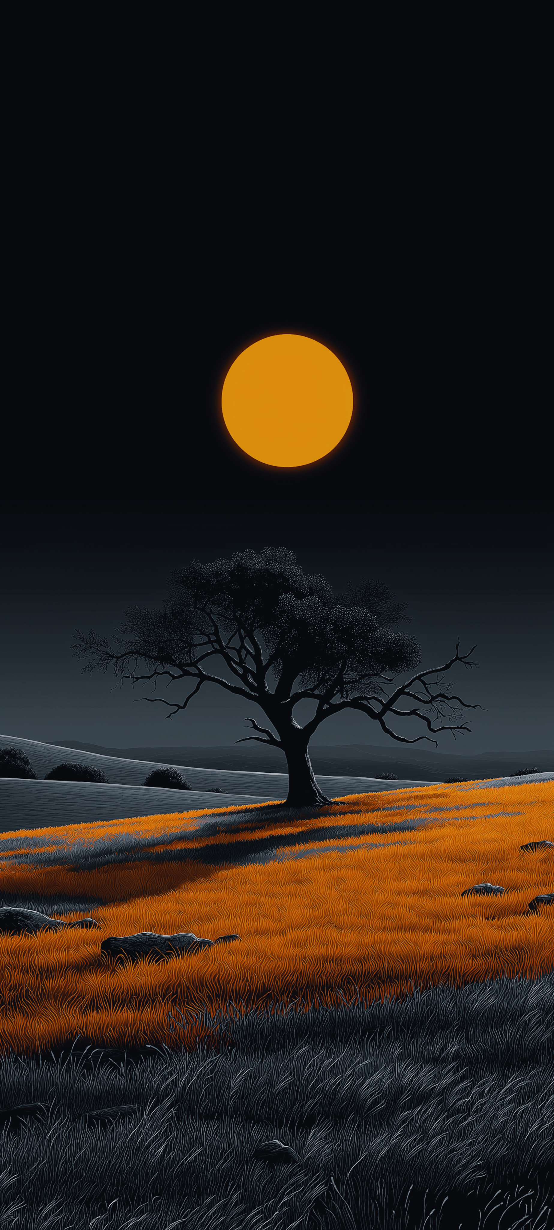 Lone Tree Orange Moon AMOLED 4K Mobile Wallpaper HD Wallpaper