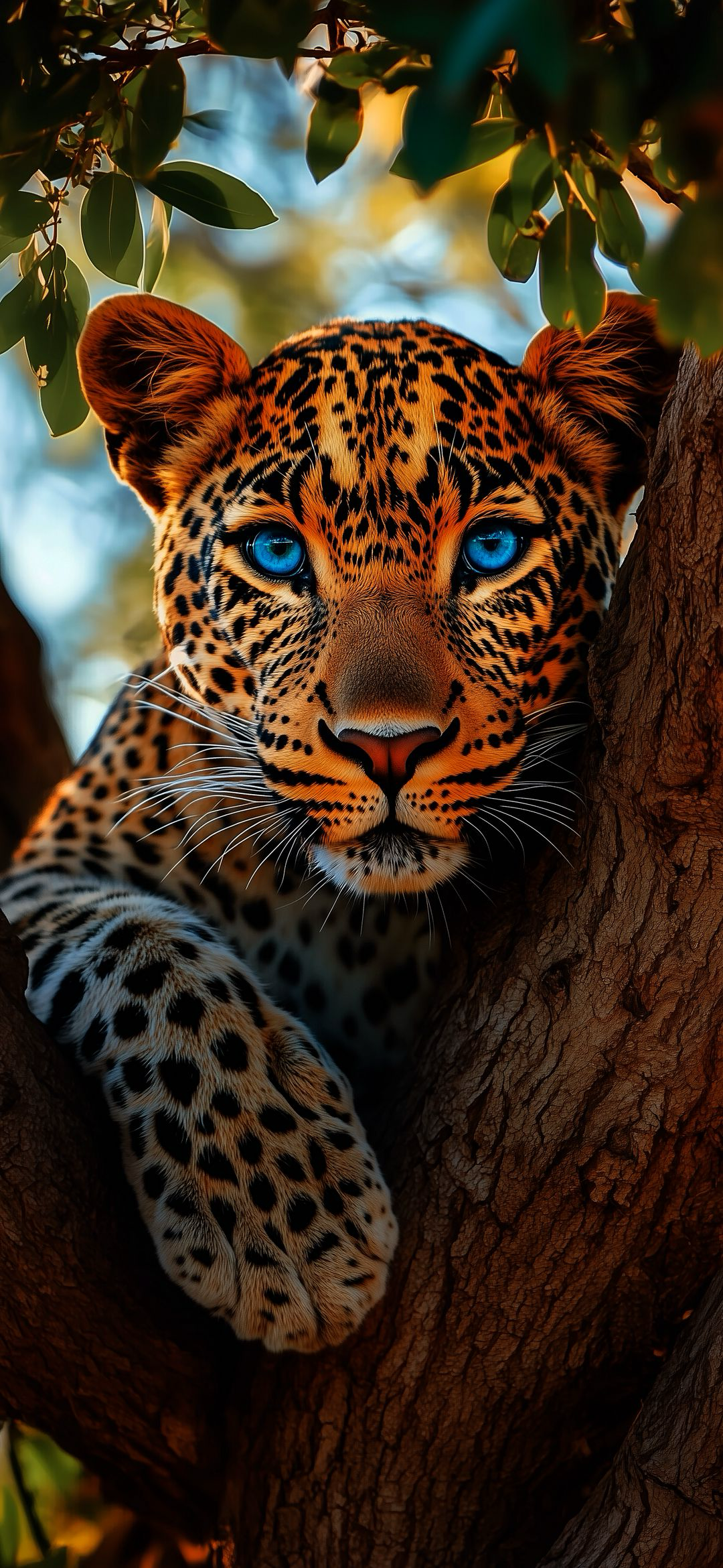 Majestic Blue Eyed Leopard Tree 4K Mobile Wallpaper | Animal HD Wallpaper