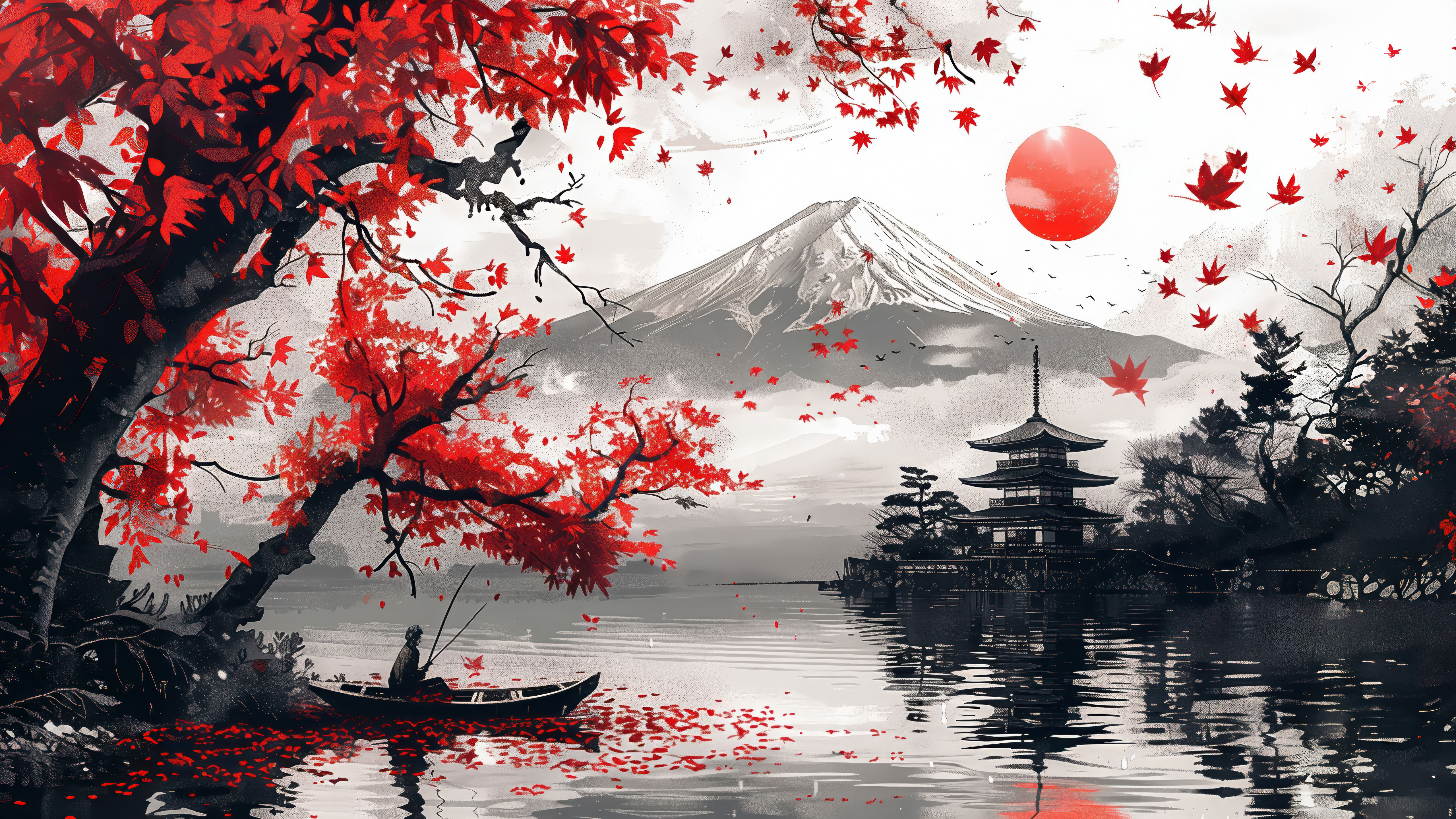 Red Maple Mount Fuji Pagoda 4K Japanese Desktop Art HD Wallpaper