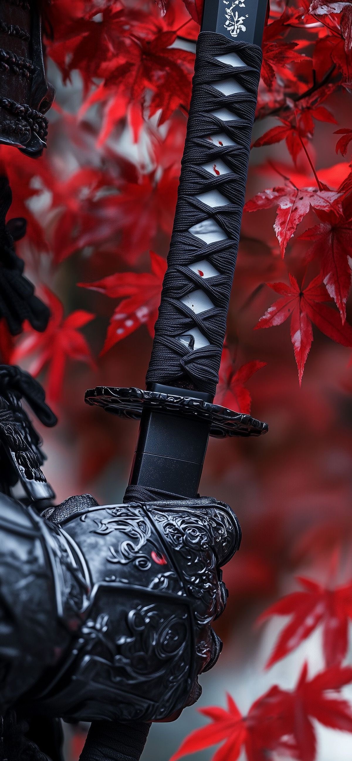 Samurai Katana Red Maple Leaves 4K Mobile Wallpaper HD Wallpaper