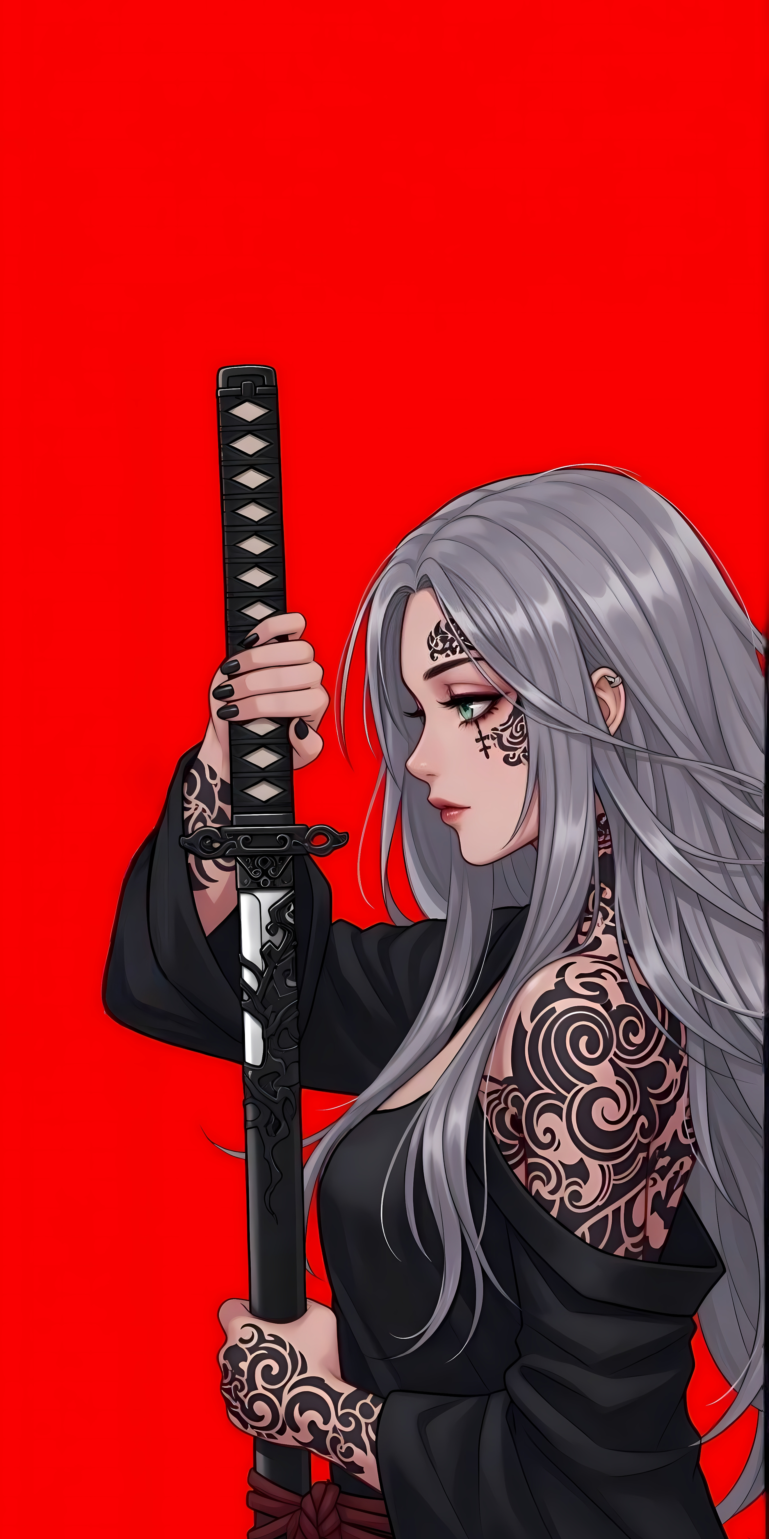 Silver Hair Katana Girl Red 4K Mobile Wallpaper HD Wallpaper